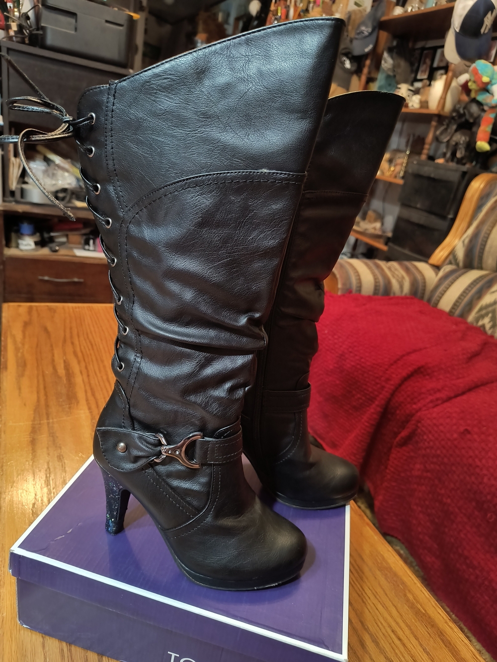 Custom TOP Moda Black Knee-High Lace-Up Glitter Heeled Boots 5.5